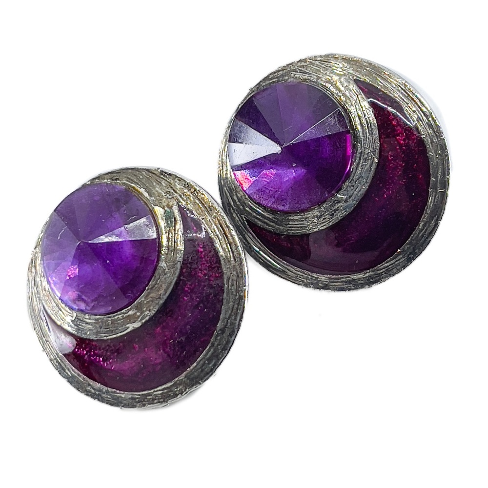 Purple With Silver Trim Round Clip Earrings